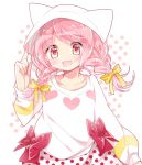  1girl :d alternate_costume alternate_hairstyle animal_ear_headwear ayumaru_(art_of_life) blush bow circle clothing_request collarbone drill_hair gesture_request hair_bow hand_up hat headwear_request heart kaname_madoka looking_at_viewer mahou_shoujo_madoka_magica pink_hair red_bow red_eyes simple_background smile solo upper_body white_headwear yellow_bow 