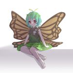  1girl antennae arm_support bangs bare_shoulders blue_hair bobby_socks butterfly_wings closed_mouth dress eternity_larva expressionless eyebrows_visible_through_hair full_body green_dress hair_ornament highres lbcirno9 leaf_hair_ornament looking_at_viewer orange_eyes short_hair simple_background socks solo touhou white_background white_legwear wings 