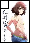  1girl alternate_breast_size ass back bare_shoulders bikini bikini_top_only bikini_under_clothes breasts brown_hair circle_cut commentary commentary_request denim denim_shorts hibike!_euphonium looking_back nii_manabu no_shirt oumae_kumiko parted_lips short_shorts shorts simple_background small_breasts solo swimsuit undressing white_background yellow_bikini yellow_eyes 