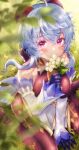  1girl absurdres ahoge bangs bare_shoulders bell blue_gloves blue_hair blush bow breasts covering_mouth detached_sleeves eyebrows_visible_through_hair flower ganyu_(genshin_impact) genshin_impact gloves grass highres holding holding_flower horns long_hair looking_at_viewer medium_breasts neck_bell qingxin_flower sidelocks sitting solo violet_eyes wariza white_flower white_sleeves yu_lei 