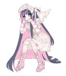  1girl arm_warmers bangs blue_eyes blue_hair boots bow colored_inner_hair commentary_request dress footwear_bow frilled_dress frills hair_bow hairband halo high_heels knee_boots kneehighs lolita_hairband long_hair multicolored_hair panty_&amp;_stocking_with_garterbelt pink_bow pink_footwear pink_hair pink_legwear platform_footwear ribbon short_sleeves sidelocks solo stocking_(psg) striped striped_arm_warmers striped_legwear tears u_emper very_long_hair white_bow white_dress white_legwear white_ribbon white_wings wings 