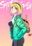  1girl aqua_eyes backpack blonde_hair blue_eyes bodysuit breasts character_name cowboy_shot drumsticks earbuds english_text female gradient_background gradient_hair gwen_stacy hairband hands_in_pockets jacket looking_at_viewer marvel medium_breasts pink_hair signature solo spider-gwen spider-man_(series) spider_web text tomatostyles two_tone_hair 