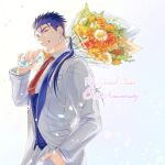  1boy absurdres blue_hair bouquet cu_chulainn_(fate) cu_chulainn_(fate/stay_night) daisy daro_maru earrings fate/stay_night fate_(series) flower formal grin hair_over_shoulder hair_strand hand_in_pocket highres holding holding_bouquet jewelry long_hair looking_at_viewer making-of_available male_focus necktie orange_flower orange_rose ponytail red_eyes red_necktie rose smile solo suit upper_body white_background white_suit 