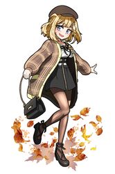  1girl :d autumn_leaves bag bangs beret black_footwear black_skirt blonde_hair blue_eyes brown_headwear brown_jacket brown_legwear ddolbang detective full_body hair_ornament hat highres holding holding_bag hololive hololive_english jacket long_sleeves looking_at_viewer monocle_hair_ornament open_mouth pantyhose shirt shoes short_hair shoulder_bag simple_background skirt smile solo virtual_youtuber watson_amelia white_background white_shirt 