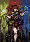  1girl 2b-ge black_shirt chain earth_(ornament) gold_chain hecatia_lapislazuli highres moon_(ornament) multicolored_clothes multicolored_skirt off-shoulder_shirt off_shoulder plaid plaid_skirt polos_crown red_eyes redhead shirt skirt solo t-shirt touhou 