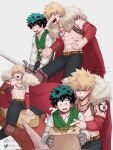  2boys abs athena_av bakugou_katsuki belt black_pants blonde_hair blood blood_on_clothes boku_no_hero_academia brown_belt cape commentary dragon earrings english_commentary freckles fur-trimmed_cape fur_trim gloves green_eyes green_hair green_vest grey_gloves highres holding holding_map holding_sword holding_weapon instagram_logo instagram_username jewelry knee_pads long_sleeves looking_down lower_teeth male_focus map midoriya_izuku multiple_boys navel necklace official_alternate_costume open_mouth pants pointing red_cape red_eyes riding saddle scratches shirt short_hair shoulder_tattoo simple_background spiky_hair sword tattoo teeth toned toned_male topless_male torn_clothes torn_shirt torn_sleeves twitter_logo twitter_username upper_teeth vest weapon white_background white_shirt 
