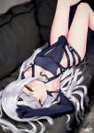  1girl absurdres bare_shoulders couch elbow_gloves fairy_knight_lancelot_(fate) fate/grand_order fate_(series) gloves harness highres leotard long_hair on_couch revealing_clothes silver_hair solo yellow_eyes 