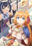 2girls absurdres ahoge bangs bare_shoulders blue_eyes burger closed_mouth commentary_request cygames eating eustiana_von_astraea fang food food_on_face french_fries green_eyes hair_between_eyes highres indoors karyl_(princess_connect!) light_blush long_hair looking_at_another looking_at_viewer looking_up momochi_kiruya multiple_girls open_mouth orange_hair pecorine_(princess_connect!) princess_connect! restaurant signature sitting ssalyun standing wavy_mouth