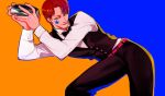  1boy barista cup facepaint hair_down hisoka_morow holding holding_cup hunter_x_hunter kilva_lollop long_sleeves makeup male_focus redhead simple_background smile solo vest yellow_eyes 