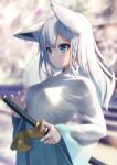  1girl animal_ear_fluff animal_ears bangs blue_hakama blurry blurry_background braid breasts commentary_request earrings eyebrows_visible_through_hair fox_ears fox_girl green_eyes hair_between_eyes hakama highres holding holding_sword holding_weapon hololive japanese_clothes jewelry katana long_hair long_sleeves sheath shirai_yu shirakami_fubuki shirt sidelocks single_braid small_breasts solo sword unsheathing virtual_youtuber weapon white_hair white_shirt 