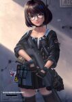  1girl assault_rifle bangs black_gloves brown_eyes brown_hair bullpup choker emblem english_text fingerless_gloves flashbang girls_frontline glasses gloves gun hair_ornament highres holding looking_at_viewer necktie okita realistic rifle sar-21 sar-21_(girls&#039;_frontline) short_hair singapore skirt solo thigh-highs weapon 