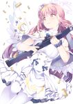  1girl bangs blue_archive blush breasts bullet closed_mouth dress eyebrows_visible_through_hair finger_on_trigger flower frills gun hair_flower hair_ornament holding holding_gun holding_weapon long_hair medium_breasts mika_(blue_archive) pantyhose pink_hair shell_casing smile solo takano_itsuki very_long_hair weapon white_background white_legwear wrist_cuffs yellow_eyes 
