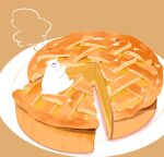  animal apple_pie bear chai_(drawingchisanne) commentary_request dessert food food_focus looking_at_viewer no_humans original pie pie_slice plate polar_bear signature simple_background sitting_on_food steam undersized_animal 