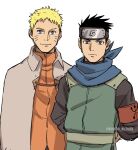  2boys blonde_hair blue_eyes boruto:_naruto_next_generations commentary_request facial_mark forehead_protector highres konoha_kuzushi looking_at_viewer male_focus multiple_boys naruto_(series) sarutobi_konohamaru short_hair simple_background spiky_hair uzumaki_naruto whisker_markings white_background 