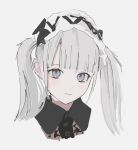  1girl 33bun3 absurdres black_bow bow character_request closed_mouth copyright_request ear_piercing earrings face grey_background grey_eyes grey_hair grey_theme highres jewelry long_hair looking_at_viewer maid_headdress piercing simple_background sketch solo twintails upper_body 