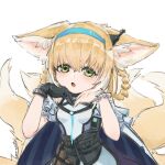  1girl 923857348 absurdres animal_ear_fluff animal_ears apron arknights bangs bare_shoulders black_gloves blonde_hair blue_hairband braid breasts commentary_request eyebrows_visible_through_hair fang fox_ears fox_girl fox_tail gloves green_eyes hair_between_eyes hair_rings hairband hands_up highres kitsune looking_at_viewer multicolored_hair open_mouth purple_skirt shirt simple_background single_glove skirt small_breasts solo suzuran_(arknights) tail twin_braids two-tone_hair waist_apron white_apron white_background white_hair white_shirt 