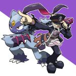  black_claws black_shoes blacknirrow fang forehead_jewel goatee hat ingo_(pokemon) pearl_clan_outfit pokemon pokemon_(creature) pokemon_(game) purple_background red_eyes sideburns sneasler tipping_hat torn_clothes torn_coat two-tone_background white_hair 