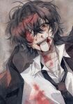  1boy bandaged_head bandaged_neck bandages bangs black_necktie blood blood_on_face brown_eyes brown_hair bungou_stray_dogs collared_shirt commentary_request crying crying_with_eyes_open dazai_osamu_(bungou_stray_dogs) hair_between_eyes highres jacket looking_at_viewer lying male_focus necktie on_back one_eye_covered shirt short_hair solo tears white_shirt ziyi_zhengjun 