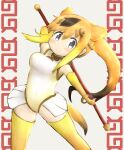  1girl absurdres black_eyes breasts commentary_request covered_navel golden_snub-nosed_monkey_(kemono_friends) highleg highleg_leotard highres kemono_friends leotard long_hair looking_at_viewer orange_hair solo tail thigh-highs 
