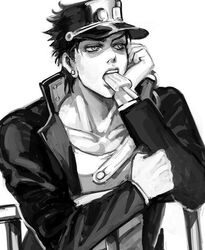  1boy artist_request greyscale jojo_no_kimyou_na_bouken kuujou_joutarou male male_focus popsicle stardust_crusaders white_background 