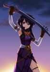  1girl 74 bangs black_hair brown_gloves dress eyebrows_visible_through_hair fire_emblem fire_emblem:_genealogy_of_the_holy_war gloves hair_between_eyes holding holding_sword holding_weapon larcei_(fire_emblem) looking_at_viewer purple_dress side_slit sidelocks smile solo sword violet_eyes weapon 