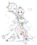  1girl absurdres bangs boots breasts closed_mouth dress flower full_body green_eyes hair_intakes highres kneeling lily_of_the_valley looking_at_viewer macchoko original petals puffy_short_sleeves puffy_sleeves short_hair short_sleeves sidelocks small_breasts solo staff thigh-highs white_background white_dress white_footwear white_hair white_legwear 