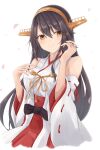  1girl absurdres black_hair brown_eyes commentary_request cowboy_shot detached_sleeves gensoukitan hair_ornament hairband hairclip haruna_(kancolle) haruna_kai_ni_(kancolle) headgear highres japanese_clothes kantai_collection long_hair red_skirt ribbon-trimmed_sleeves ribbon_trim simple_background skirt solo white_background 