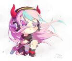  1girl apex_legends b3_wingman black_dress black_footwear blue_hair chibi crazy_raccoon dress flat_chest floating_hair gun highres holding holding_gun holding_weapon horns kinkan_sanshou long_hair multicolored_hair pink_hair purple_dress revolver selly55 solo squatting streaked_hair two-tone_dress violet_eyes weapon white_background 