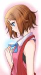  1girl blue_eyes brown_hair closed_mouth collared_shirt emapippi highres looking_down pokemon pokemon_(anime) pokemon_xy_(anime) serena_(pokemon) shirt short_hair simple_background sleeveless sleeveless_shirt smile solo 