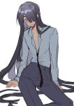  1boy absurdres black_hair blue_eyes blush collared_shirt dark-skinned_male dark_skin grey_shirt hair_over_one_eye highres koyashaka long_hair long_sleeves male_focus necktie original pants raymond_charlotte_clematis_(koyashaka) shirt smile solo very_long_hair white_background 