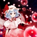  1girl bat_wings blue_hair danmaku dress embodiment_of_scarlet_devil hat hat_ribbon kaigen_1025 mob_cap pink_dress puffy_short_sleeves puffy_sleeves red_eyes red_ribbon remilia_scarlet ribbon short_hair short_sleeves solo touhou vampire wings wrist_cuffs 