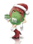  1girl absurdres bangs blunt_bangs boots chainsaw_man commentary crossover english_commentary full_body fur-trimmed_boots fur-trimmed_gloves fur-trimmed_headwear fur_trim fusion gift gloves hand_up hat high_heel_boots high_heels highres holding holding_gift leaning_on_object looking_at_viewer m&amp;m&#039;s makima_(chainsaw_man) red_footwear red_headwear redhead ringed_eyes santa_hat simple_background smile solo standing white_background white_gloves yellow_eyes yuevuo 
