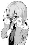  1girl bangs breasts closed_mouth dress fate/grand_order fate_(series) glasses greyscale hair_over_one_eye highres hiroyama_hiroshi jacket large_breasts long_sleeves looking_at_viewer mash_kyrielight monochrome necktie open_clothes open_jacket short_hair solo 