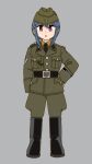  1girl belt belt_buckle blue_hair boots breast_pocket buckle epaulettes full_body garrison_cap german_text grey_background hand_on_hip hat highres knee_boots looking_at_viewer military military_uniform nazi necktie pocket shima_rin ss_insignia ss_uniform swastika totenkopf uniform violet_eyes waffen-ss yasu_(luchs&amp;mardar) yurucamp 