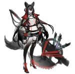  1girl absurdres animal_ears black_choker black_hair black_hairband choker collarbone gradient gradient_clothes gradient_legwear green_eyes grey_background hair_between_eyes hair_bun hairband hand_on_hip high_heels highres huge_weapon jacket long_hair midriff mouth_hold multicolored_eyes navel open_clothes open_jacket original red_eyes scythe see-through shio_(oxstl) simple_background sketch skindentation solo standing tail thigh-highs thigh_strap unfinished weapon white_eyes wolf_ears wolf_girl wolf_tail 