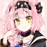  +_+ 1girl animal_ears arknights bangs black_choker black_hairband black_jacket braid cat_ears choker closed_mouth collarbone crying crying_with_eyes_open eyebrows_visible_through_hair goldenglow_(arknights) hairband heart jacket lightning_bolt_print long_hair long_sleeves open_clothes open_jacket pink_hair portrait shirt side_braid solo tears white_shirt yellow_eyes 