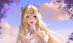  1girl blonde_hair blue_eyes blue_sky bug butterfly clouds cloudy_sky douluo_dalu dress hair_ornament highres leaf long_hair qian_renxue_(douluo_dalu) qian_renxue_zhuye sky weibo_id weibo_logo white_dress 