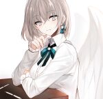  1girl bangs blue_bow blue_eyes bow closed_mouth collared_shirt commentary_request desk dress_shirt eyebrows_visible_through_hair feathered_wings grey_hair hair_between_eyes hand_up highres juexing_(moemoe3345) long_sleeves looking_at_viewer original pencil school_desk school_uniform shirt simple_background sleeves_past_wrists smile solo white_background white_shirt white_wings wings 