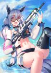  1girl :d animal_ears bangs bikini black_bikini black_legwear blue_sky breasts day detached_sleeves feet_out_of_frame fox_ears fox_girl fox_tail goggles green_eyes gun hair_between_eyes highres holding holding_gun holding_weapon hololive large_breasts long_hair long_sleeves navel outdoors rotix shirakami_fubuki silver_hair single_thighhigh sky smile solo stomach swimsuit tail thigh-highs thigh_strap twintails very_long_hair virtual_youtuber weapon 