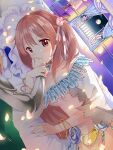  balcony bed blush bracelet breasts feathers finger_kiss flower hair_flower hair_ornament holding_another&#039;s_arm jewelry lamp light_smile lying moon necklace petals pillow redhead sakura_trick solo_focus sonoda_yuu tachi_(gutsutoma) takayama_haruka 