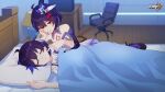  2girls bangs bare_shoulders bed bed_sheet bedroom blue_hair bob_cut chair closed_eyes closed_mouth dual_persona highres honkai_(series) honkai_impact_3rd indoors lying multiple_girls office_chair official_art on_side open_mouth purple_sleeves red_eyes seele_(alter_ego) seele_vollerei seele_vollerei_(swallowtail_phantasm) short_hair sleeping table tattoo 