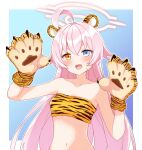  1girl :d ahoge animal_costume animal_ears animal_hands animal_print blue_archive blue_background blue_eyes border breasts chinese_zodiac fake_animal_ears fang gloves gradient gradient_background hair_between_eyes halo hands_up highres hoshino_(blue_archive) long_hair looking_at_viewer midriff open_mouth orange_eyes paw_gloves pink_hair sanz_zzz skin_fang small_breasts smile solo sweatdrop tiger_costume tiger_ears tiger_paws tiger_print upper_body year_of_the_tiger 