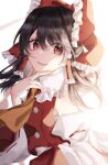  1girl ascot bangs bare_shoulders black_hair bow brown_ascot collared_shirt commentary_request detached_sleeves eyebrows_visible_through_hair eyes_visible_through_hair frills hair_between_eyes hair_ornament hair_tubes hakurei_reimu hand_on_own_face hand_up highres long_sleeves looking_to_the_side medium_hair open_mouth red_bow red_eyes red_skirt red_vest shirt simple_background skirt smile solo standing touhou tsuyuji_shigure vest white_background white_shirt wide_sleeves 