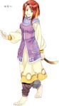 1girl agahari animal_ears arm_at_side barefoot black_pants breasts brown_eyes character_request digitigrade dog_ears dog_girl dog_tail dress fingernails full_body long_sleeves looking_at_viewer lost_technology non-web_source outstretched_hand pants pocket puffy_long_sleeves puffy_sleeves purple_scarf purple_vest redhead scarf sharp_fingernails sharp_toenails short_hair_with_long_locks sidelocks simple_background smile solo tail toenails vest walking white_background yellow_dress 