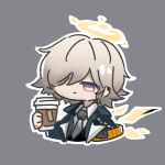  1boy arknights banbon bangs black_jacket chibi coffee_cup cropped_torso cup disposable_cup enforcer_(arknights) grey_background grey_necktie hair_over_one_eye halo holding holding_cup jacket lowres male_focus necktie open_clothes open_jacket short_hair silver_hair simple_background solo upper_body violet_eyes 