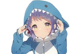  animal_costume animal_hood bangs blush commentary_request cosplay expressionless eyebrows_visible_through_hair hands_up hood idolmaster idolmaster_million_live! kigurumi long_sleeves looking_at_viewer makabe_mizuki mochigome_(ununquadium) purple_hair shark_costume shark_hood short_hair sidelocks solo upper_body white_background yellow_eyes zipper 