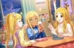  3girls :d artist_request blonde_hair blue_eyes blush closed_eyes dark_skin dress eating eyes_closed idolmaster_cinderella_girls_starlight_stage layla_(idolmaster) long_hair open_mouth source_request sweater twintails 