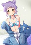  animal_costume animal_ears bangs blush breasts cat_ears cat_girl collarbone commentary_request eyebrows_visible_through_hair fish_tail hakubaru heart idolmaster idolmaster_million_live! jewelry long_sleeves looking_at_viewer makabe_mizuki midriff navel necklace on_bed open_clothes purple_hair ribbed_swimsuit shark_costume shark_tail short_hair sidelocks simple_background sitting small_breasts smile solo sparks swimsuit swimsuit_under_clothes tail wariza wavy_hair yellow_eyes zipper 