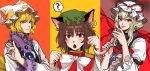  3girls :o ? absurdres animal_ears arm_belt bangs blonde_hair blue_tabard bow bowtie breasts brown_hair cat_ears chen closed_mouth commentary_request dress earrings eyebrows_visible_through_hair eyelashes fangs finger_touching fox_shadow_puppet fox_tail frilled_sleeves frills green_headwear hat hat_ribbon highres holding holding_umbrella jewelry korean_commentary kuya_(hey36253625) lips long_hair long_sleeves looking_at_viewer mandarin_collar medium_breasts mob_cap multiple_girls orange_background paw_pose pillow_hat purple_nails purple_tabard red_background red_bow red_dress red_eyes red_ribbon ribbon short_hair single_earring small_breasts spoken_question_mark tabard tail tassel touhou umbrella violet_eyes white_bow white_bowtie white_dress white_headwear white_sleeves yakumo_ran yakumo_yukari yellow_background yellow_eyes 