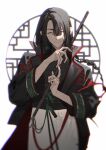  1boy bangs black_coat black_hair braid chinese_clothes chinese_commentary closed_eyes coat fate/grand_order fate_(series) grey_eyes hanfu high_collar highres holding holding_weapon holding_whip jacket june-ray long_hair long_sleeves male_focus simple_background smile solo tai_gong_wang_(fate) upper_body weapon whip white_background 